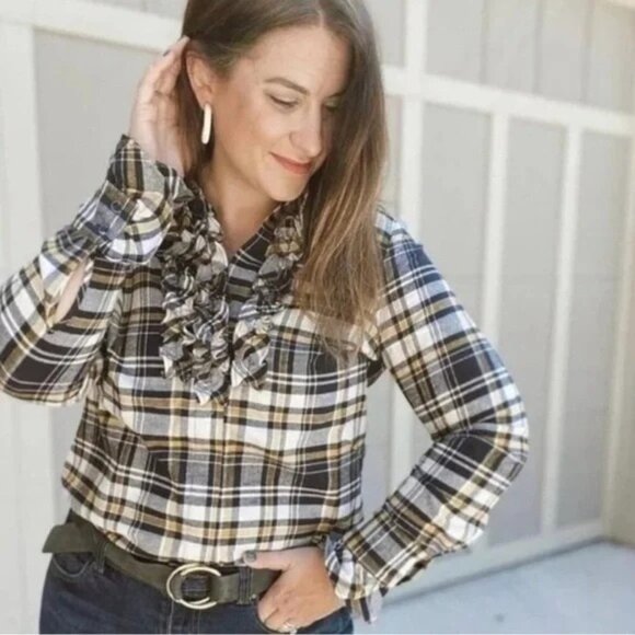 Cabi Womens Navy & Mustard Plaid Button-Up Shirt With Ruffle Front Detail Size L - Picture 6 of 6